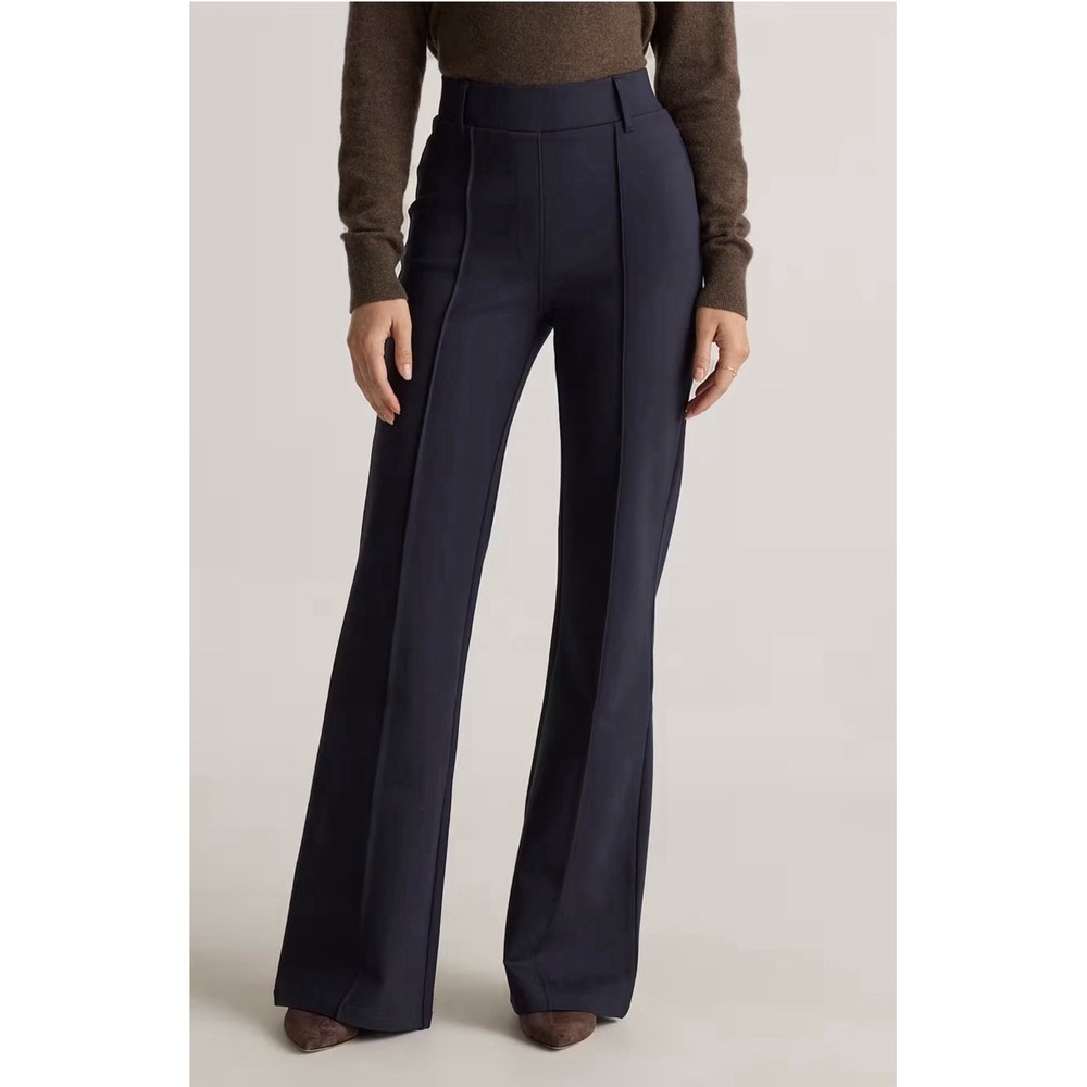 NWT Quince Navy Ponte Flare Pants L Office Dark Academia Minimalist Quiet Luxury